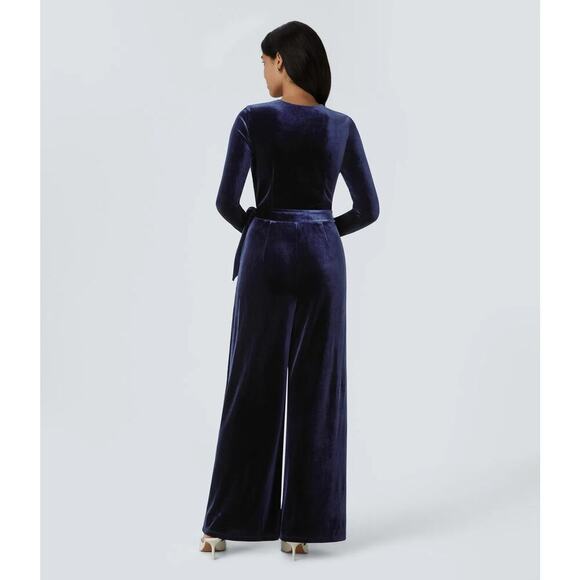 Halara Jumpsuit Velvet V-Neck Wrapped Long Sleeve Belted Wide Leg Blue NWT M - Picture 2 of 8